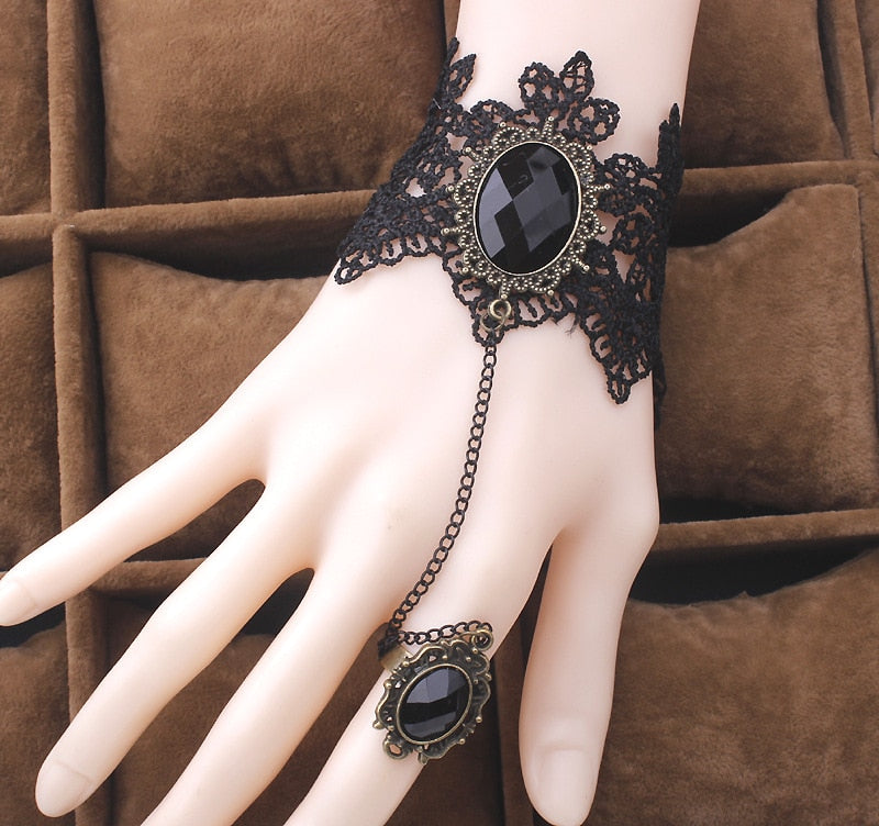 Black Lace Bracelet Finger Hand Chain Harness Women Bracelet