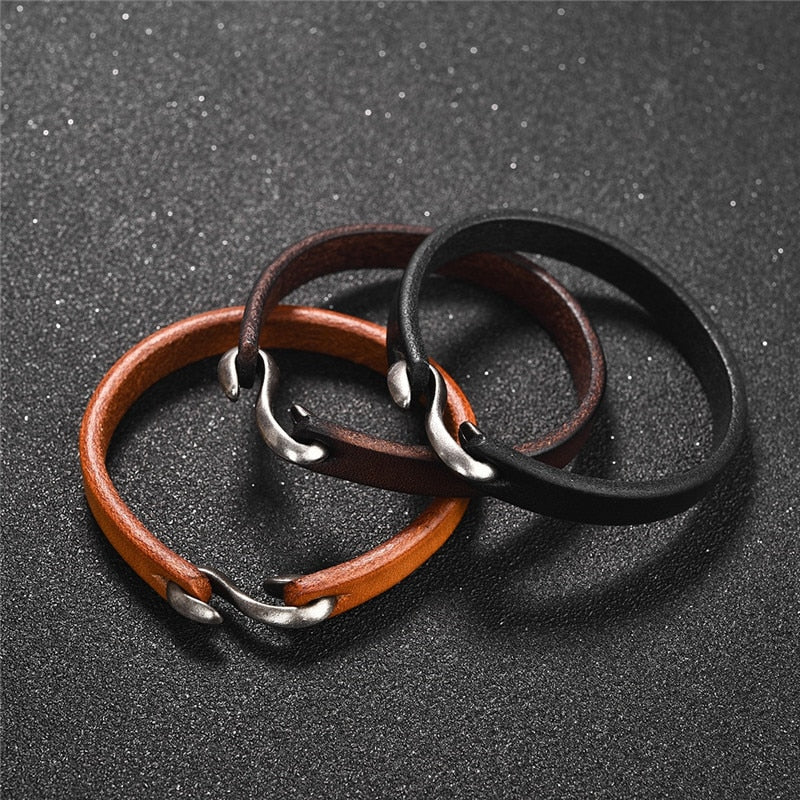 Vintage Black/Brown Genuine Leather Hook Bracelet