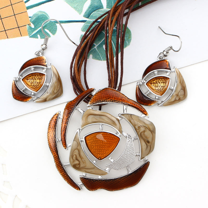 Multilayer Leather Chain Hollow Round Gem  Necklace Earrings Jewelry Sets
