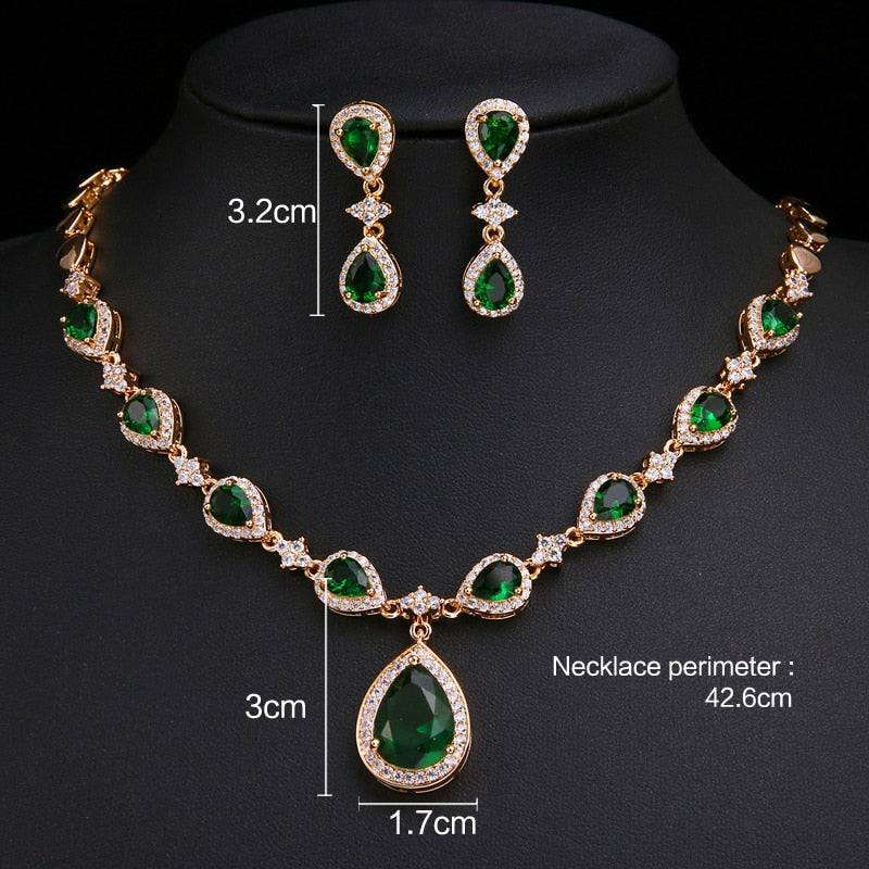 Rose Gold Green Waterdrop Appearance Zirconia  Earrings And Necklace Jewelry Sets