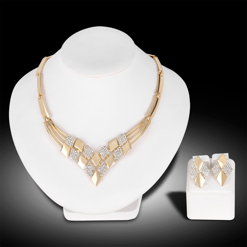 KC Rhombus Shape Necklace Earrings Rhinestones Party Jewelry Set