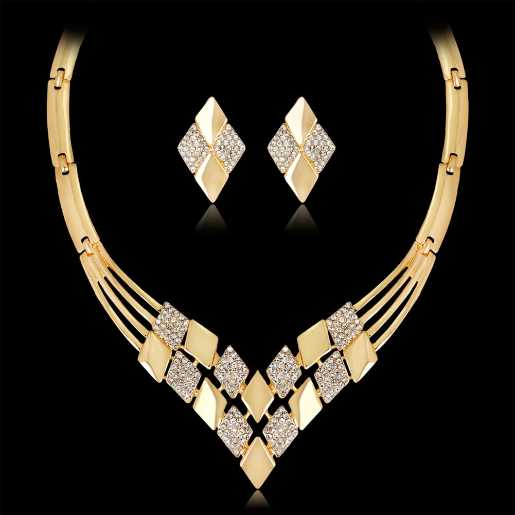 KC Rhombus Shape Necklace Earrings Rhinestones Party Jewelry Set