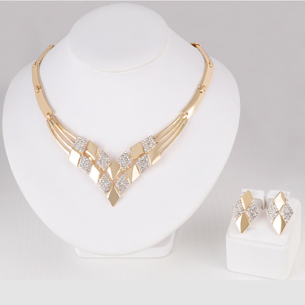 KC Rhombus Shape Necklace Earrings Rhinestones Party Jewelry Set