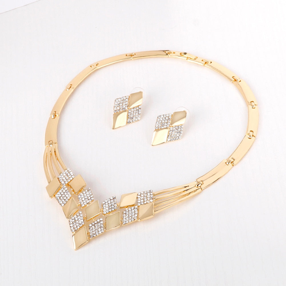 KC Rhombus Shape Necklace Earrings Rhinestones Party Jewelry Set