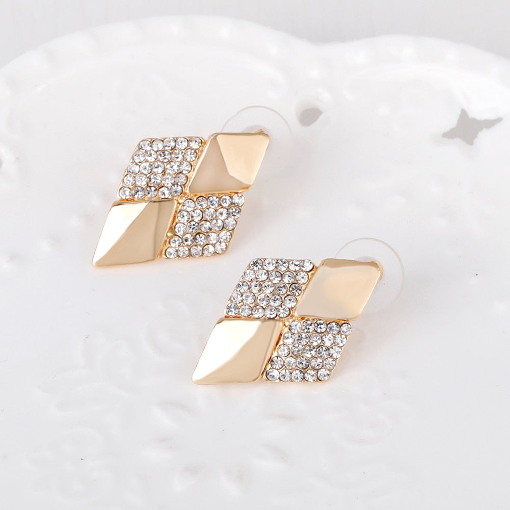 KC Rhombus Shape Necklace Earrings Rhinestones Party Jewelry Set