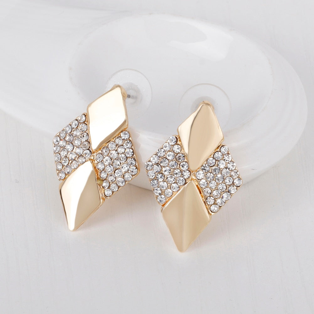 KC Rhombus Shape Necklace Earrings Rhinestones Party Jewelry Set