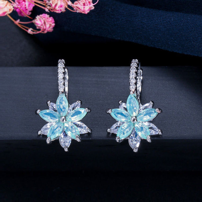 Blue Green Colorful CZ Crystal Cute Flower Silver Color Ear Stud Earrings