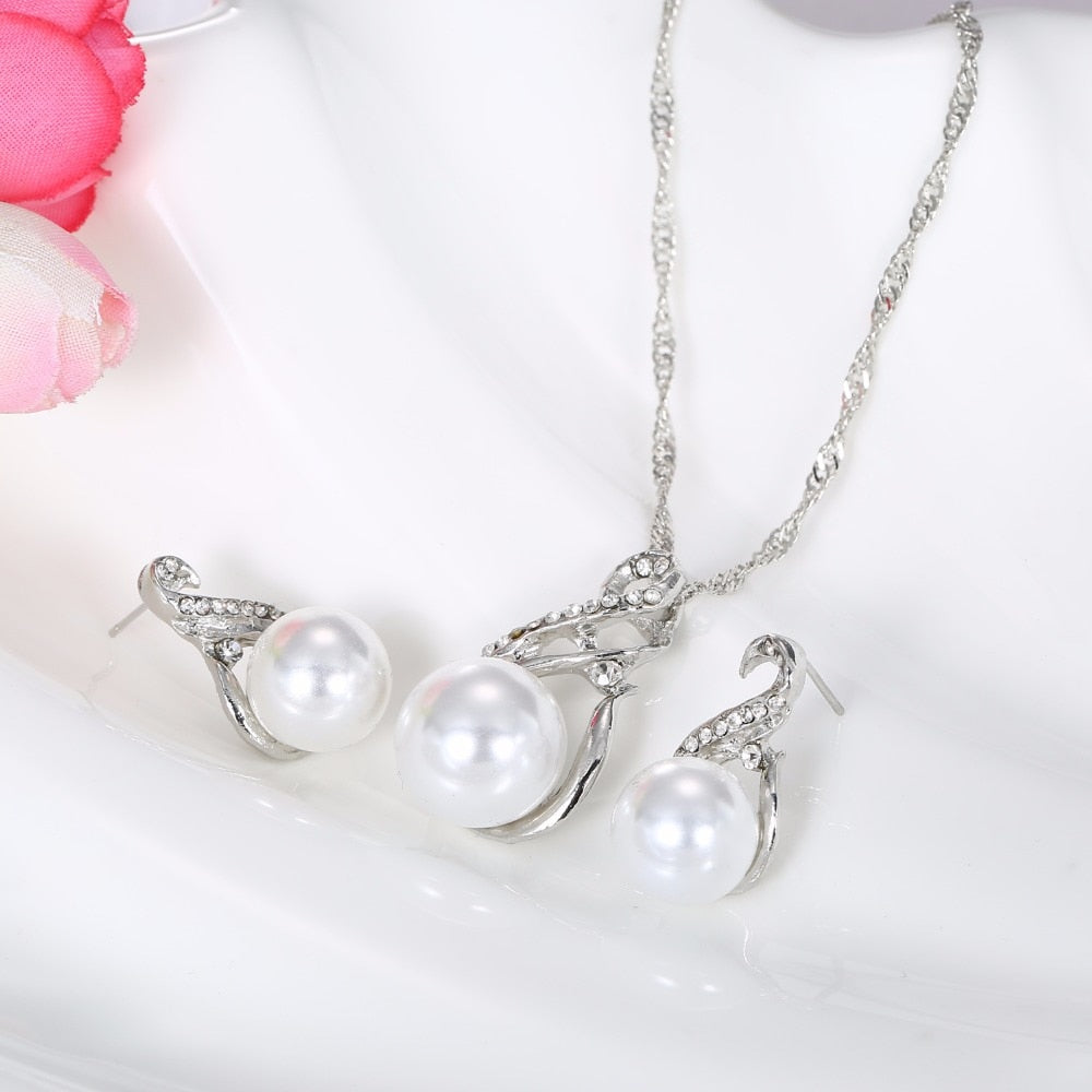 Wedding Silver Color Earrings Simulated Pearl Jewelry Set