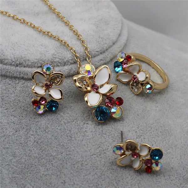 Fashion Multi Color Flower Crystal Necklace/Earring/Ring Bridal Jewelry Set