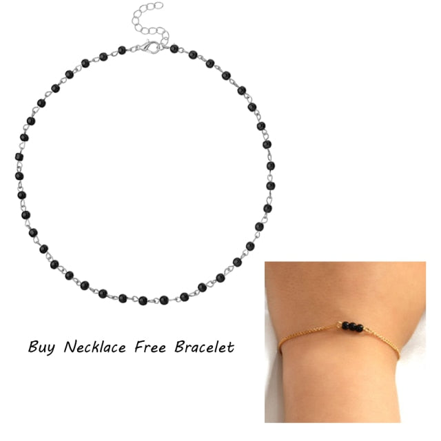 Woman Simple Black White Beads Initial Necklace