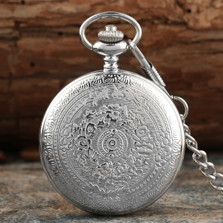 Gold Delicate Carved Pattern Shield Quartz Pocket Watch