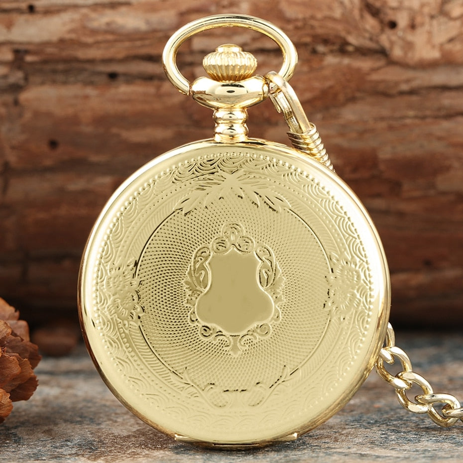 Gold Delicate Carved Pattern Shield Quartz Pocket Watch