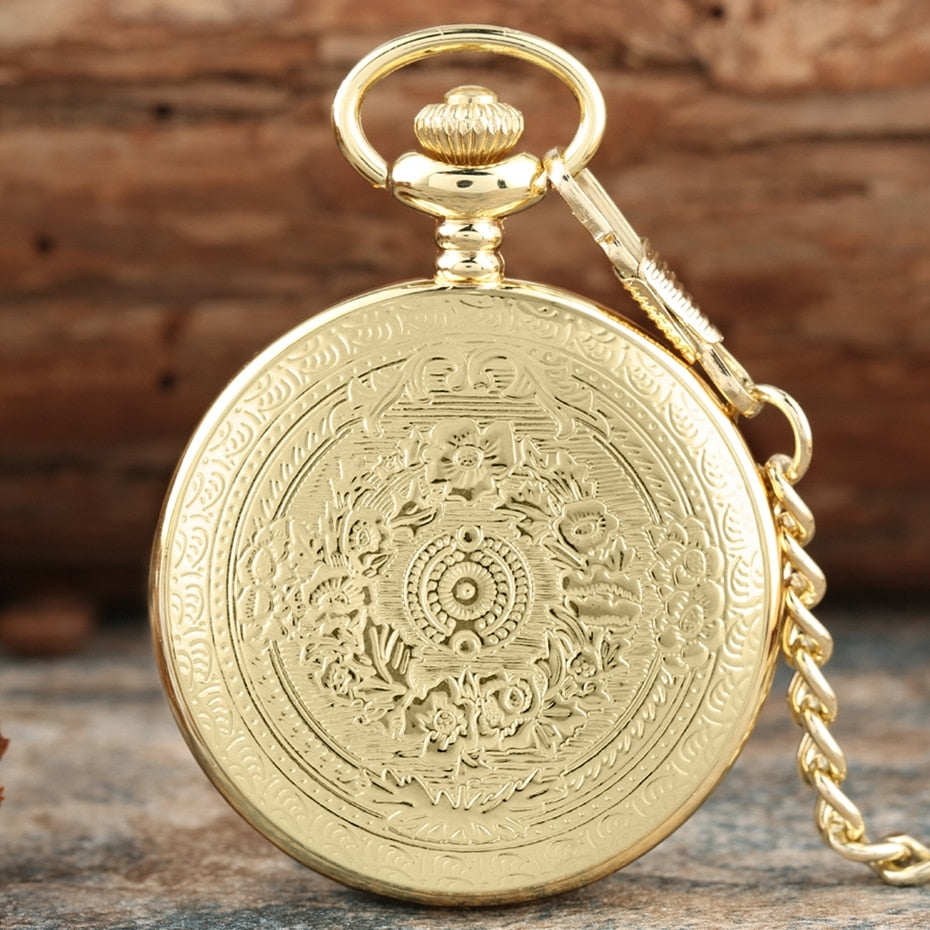 Gold Delicate Carved Pattern Shield Quartz Pocket Watch