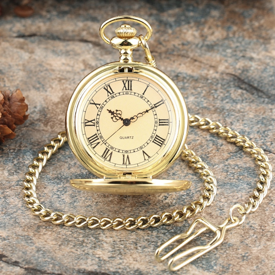 Gold Delicate Carved Pattern Shield Quartz Pocket Watch