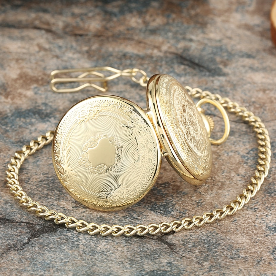 Gold Delicate Carved Pattern Shield Quartz Pocket Watch