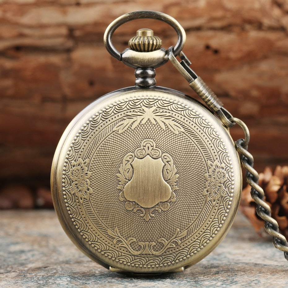 Gold Delicate Carved Pattern Shield Quartz Pocket Watch