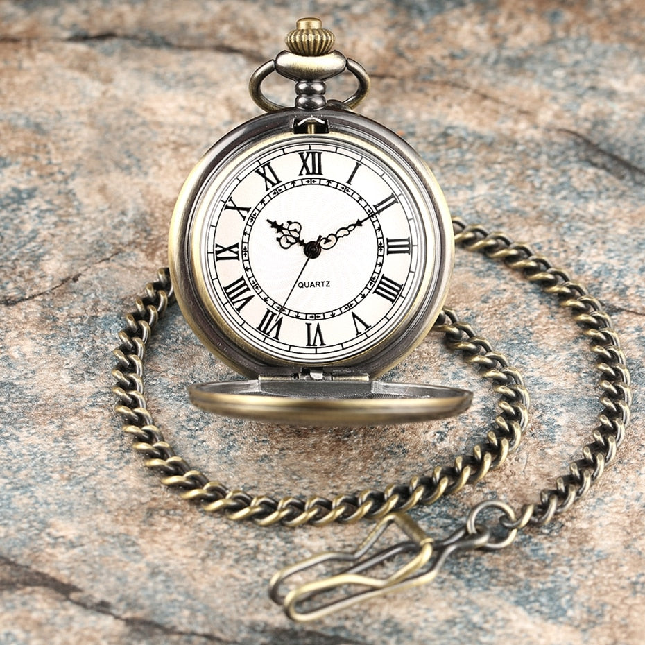 Gold Delicate Carved Pattern Shield Quartz Pocket Watch