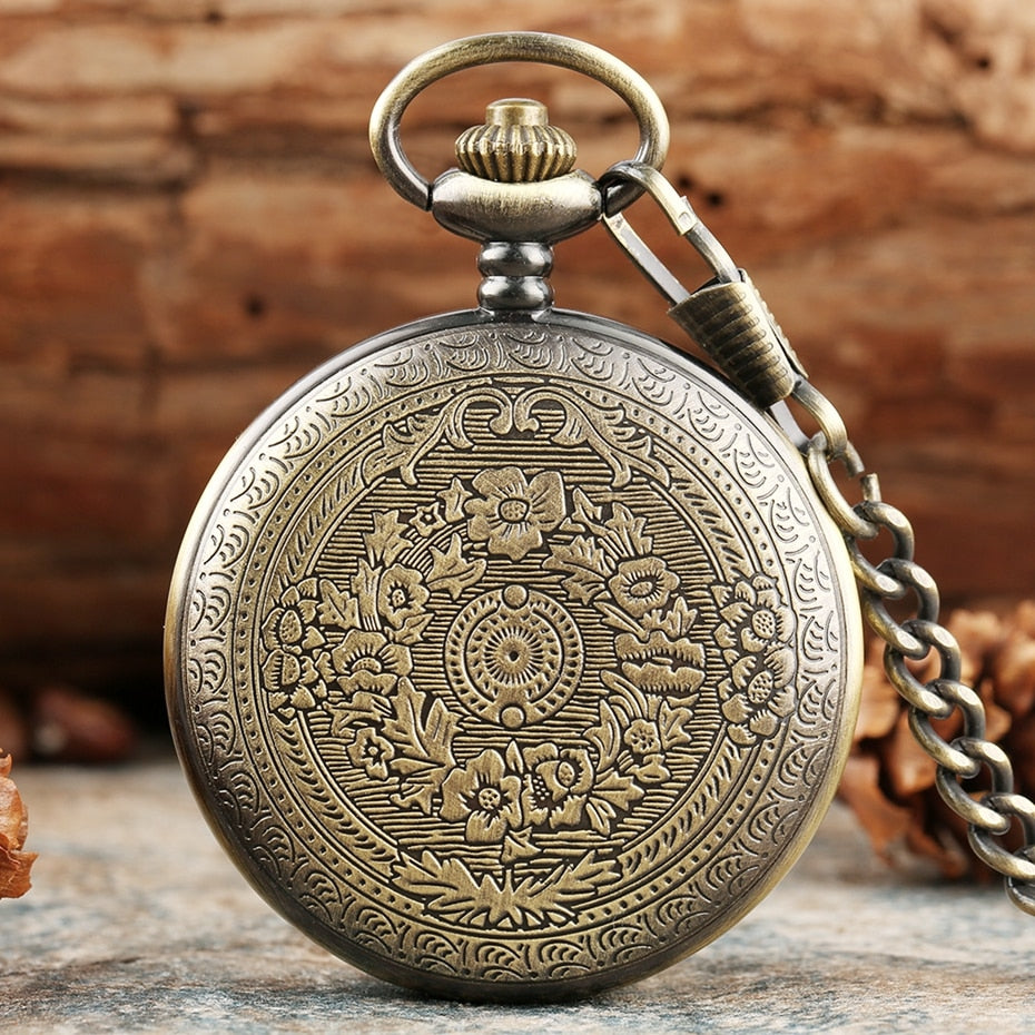 Gold Delicate Carved Pattern Shield Quartz Pocket Watch