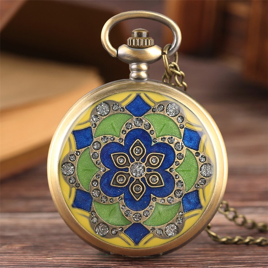 Green Jade Bronze  vintage Pocket Watch Necklace Pendant Chain Men Gift
