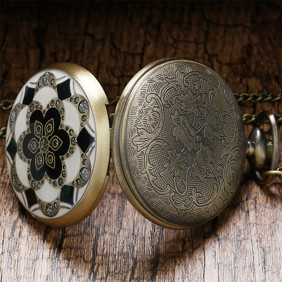 Green Jade Bronze  vintage Pocket Watch Necklace Pendant Chain Men Gift