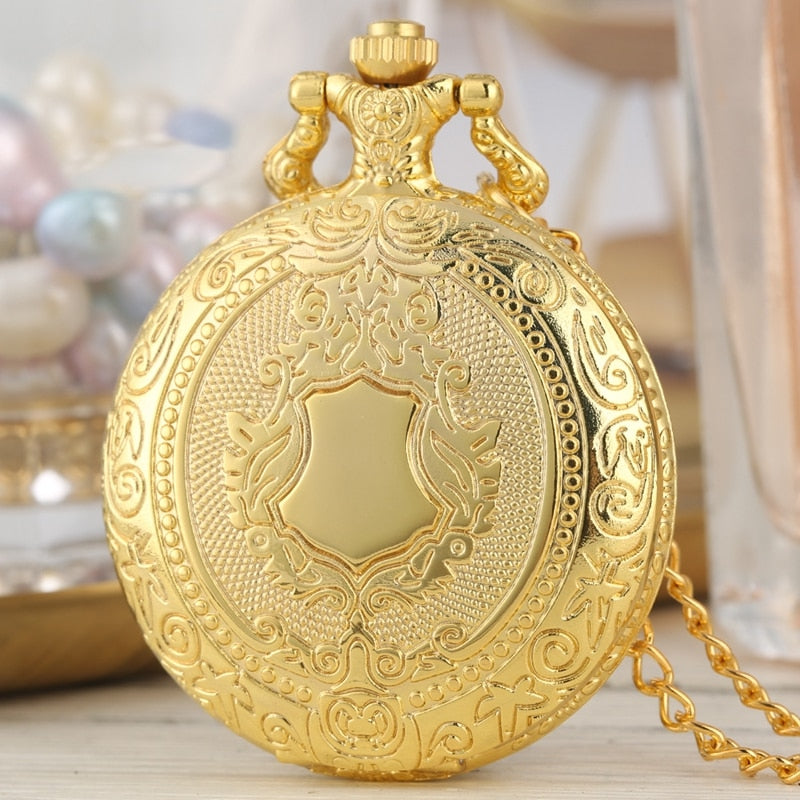 Royal Gold Shield Crown Pattern Quartz Pocket Watch