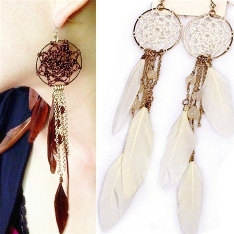 Long Design Dream Catcher Drop Earrings