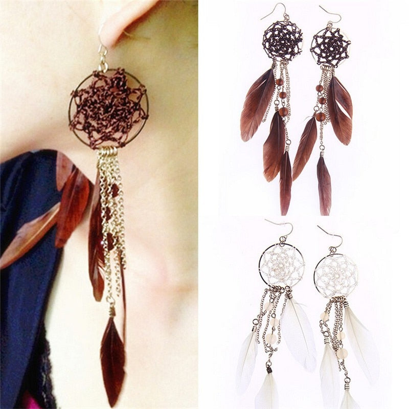 Long Design Dream Catcher Drop Earrings