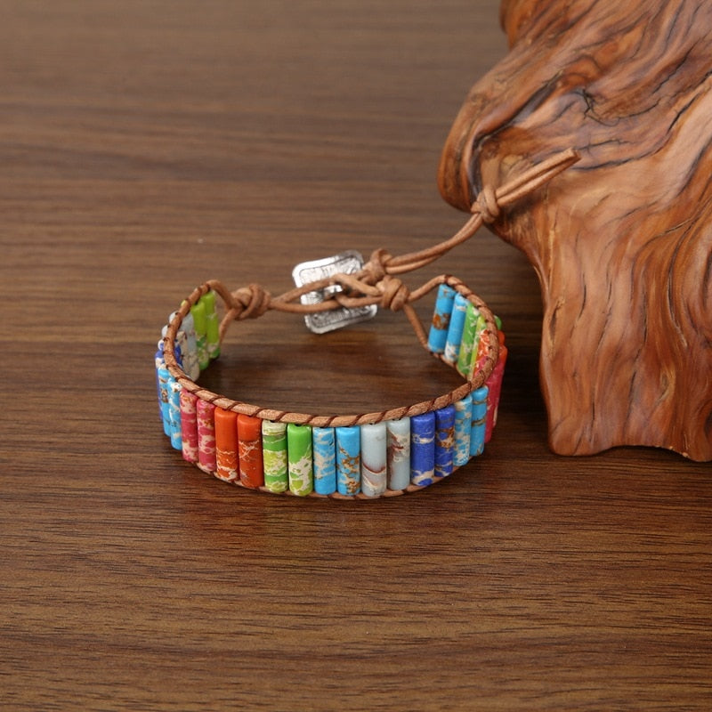 Multicolor Natural Stone Tube Beads 7 Chakra Bracelet