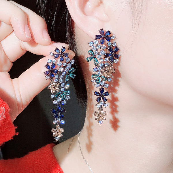 Long Drop Champagne Bule Cubic Zirconia Mystic Women Earrings