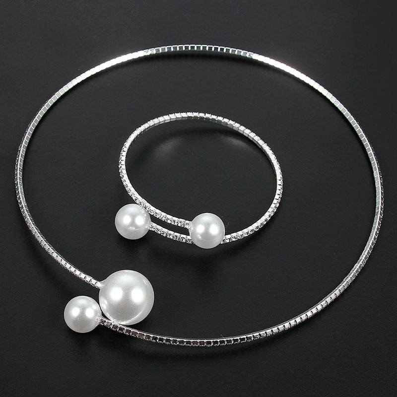 European Simulated Pearl Chokers  Necklace Bangle  Jewelry Set