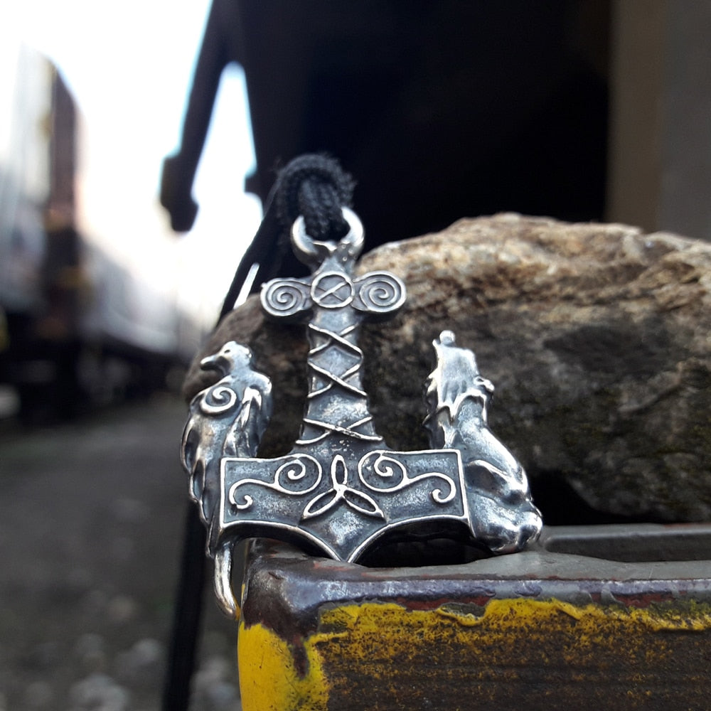 Viking Ravens Wolf Thor Hammer Mjolnir Pendant Necklace