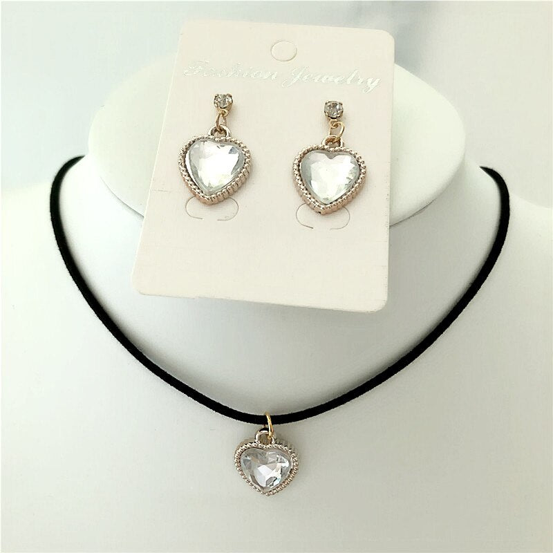 Black Velvet Leather cute love heart Choker Necklace Jewelry Sets
