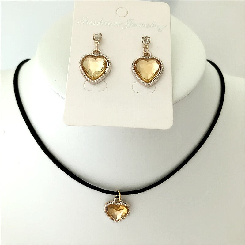 Black Velvet Leather cute love heart Choker Necklace Jewelry Sets
