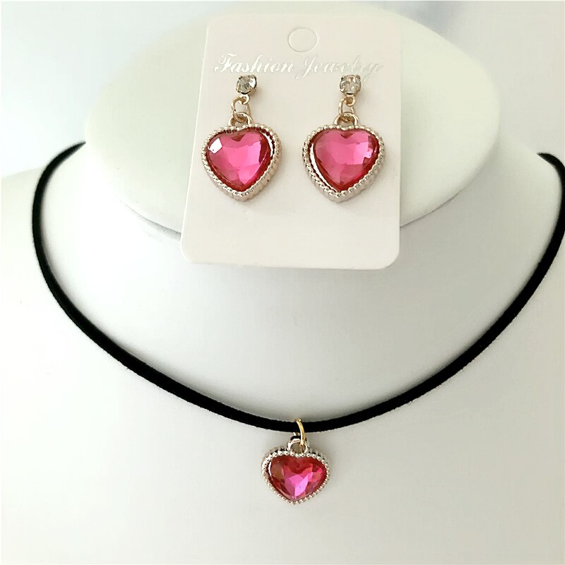 Black Velvet Leather cute love heart Choker Necklace Jewelry Sets