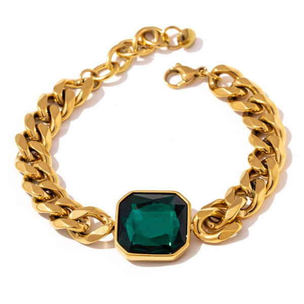 Pulseras de acero inoxidable y oro con cristales verdes para mujer