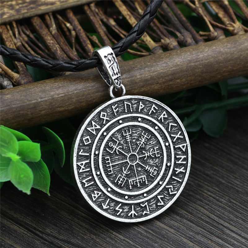 Viking Norse  Helmet Horror In Runic Circle Necklace