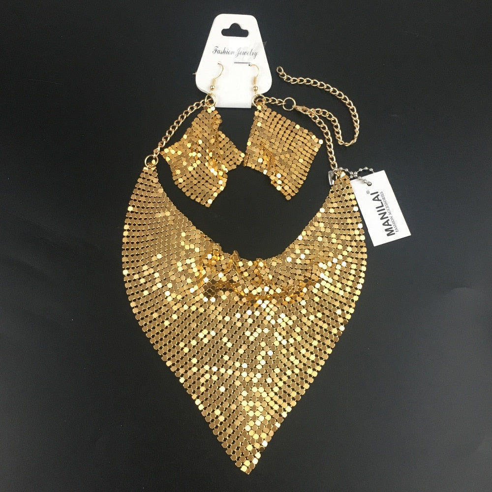 Metal Slice Bib Choker Necklaces Earrings Party  Sets