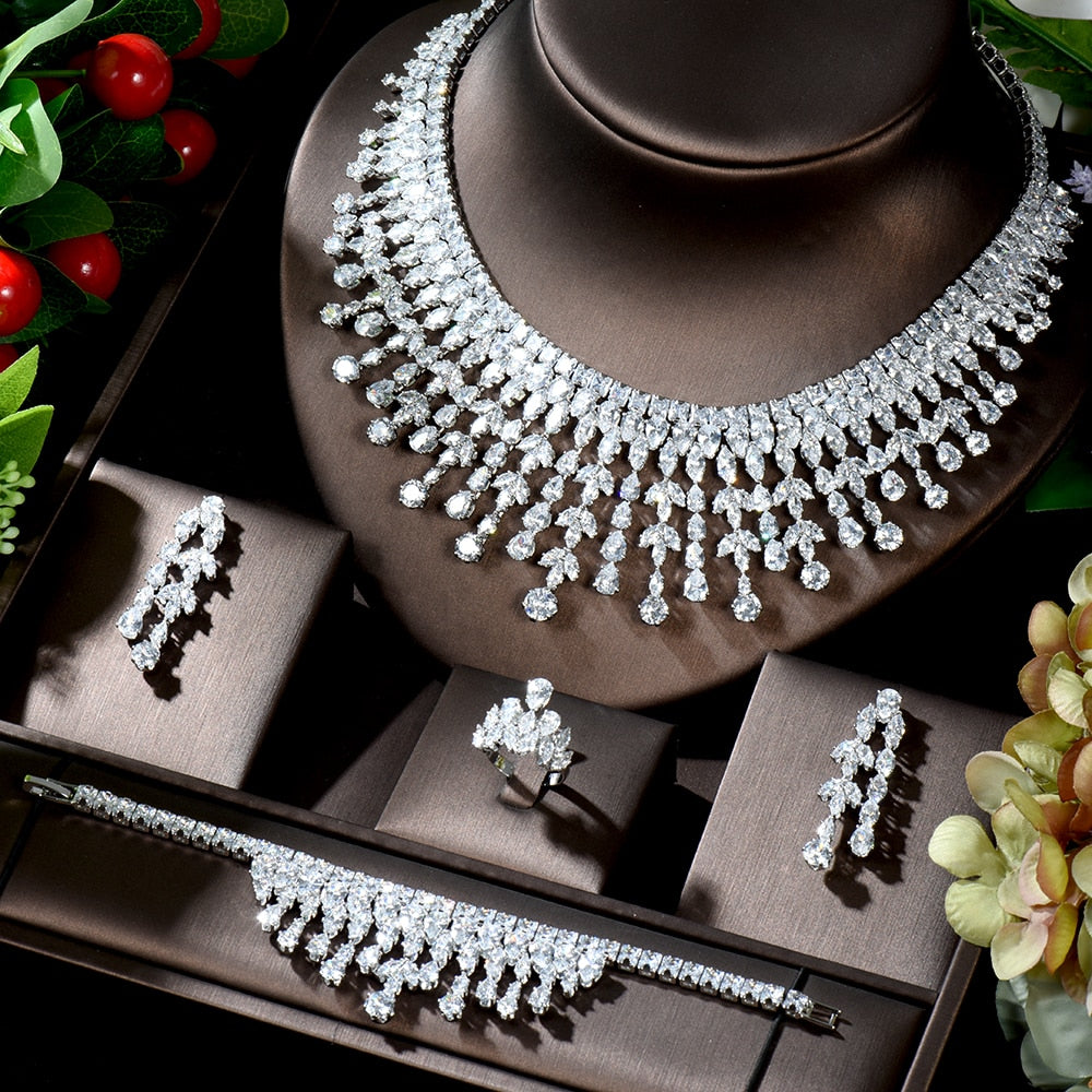 Fashion White AAA CZ Zirconia Leaf Earring Necklace Set