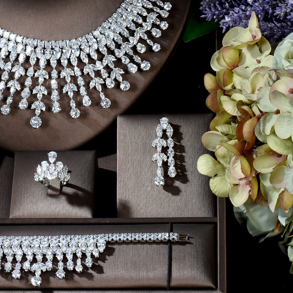 Fashion White AAA CZ Zirconia Leaf Earring Necklace Set