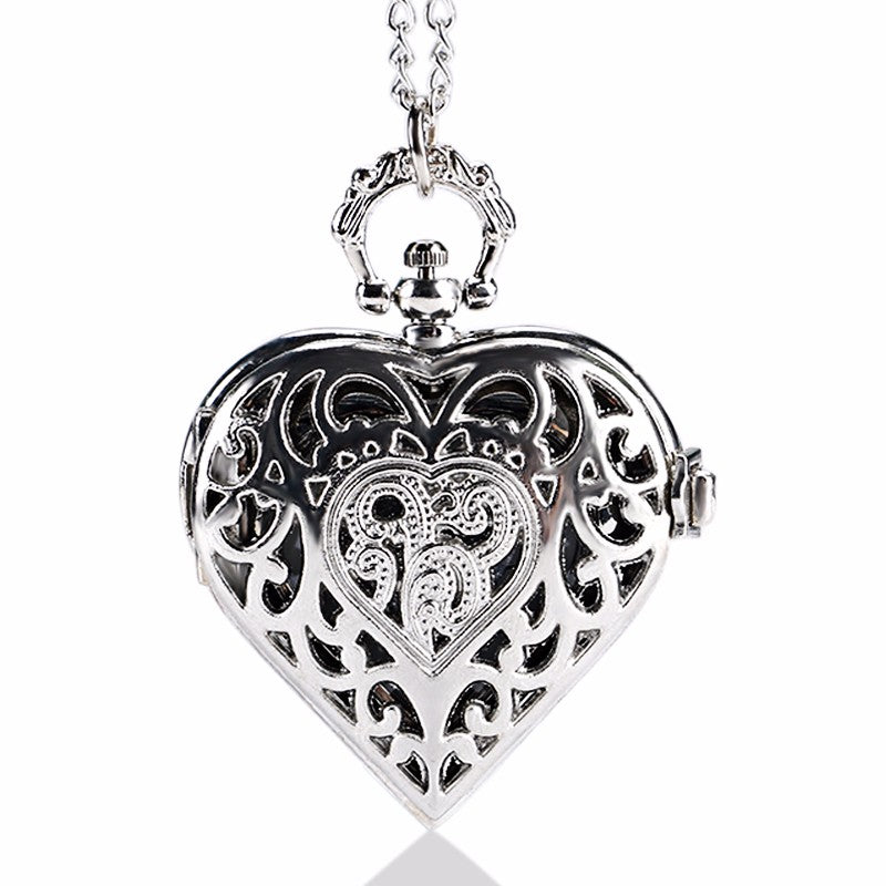 Fashion Silver Heart Shaped Lovely Hollow Elegant Quartz Pocket Watch