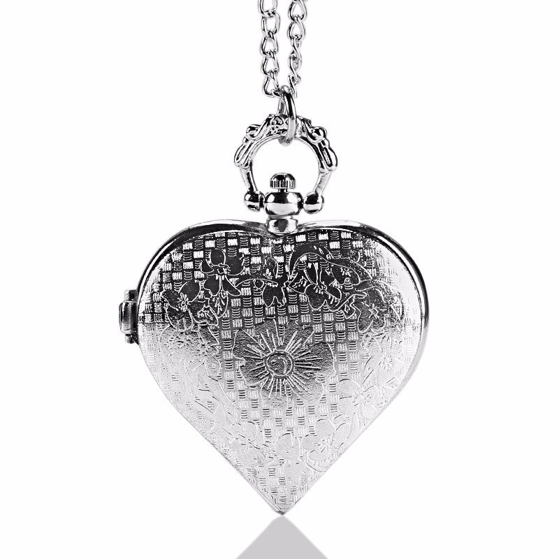 Fashion Silver Heart Shaped Lovely Hollow Elegant Quartz Pocket Watch