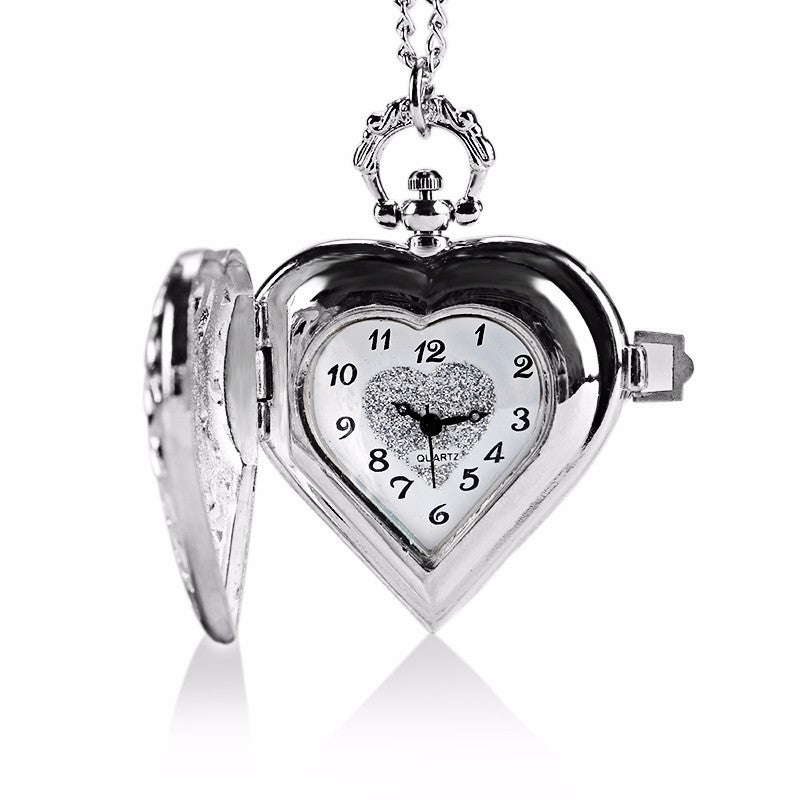 Fashion Silver Heart Shaped Lovely Hollow Elegant Quartz Pocket Watch