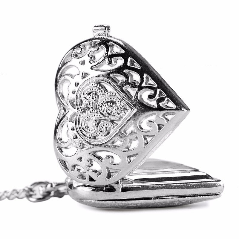 Fashion Silver Heart Shaped Lovely Hollow Elegant Quartz Pocket Watch