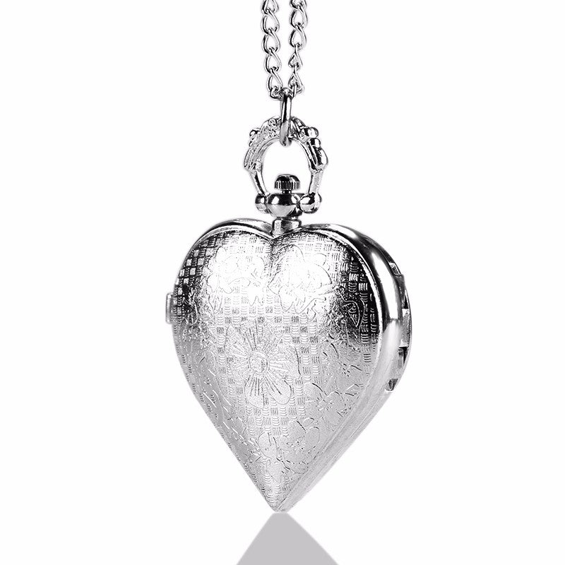 Fashion Silver Heart Shaped Lovely Hollow Elegant Quartz Pocket Watch