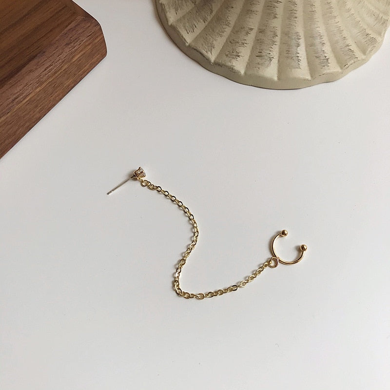Minimalist Gold Crystal Stud Link Chain Earclip Piercing Earcuff Earrings