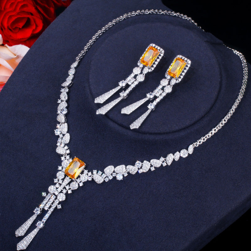 Luxury Yellow CZ Stone Dangle Drop Long Tassel Wedding Jewelry Sets T