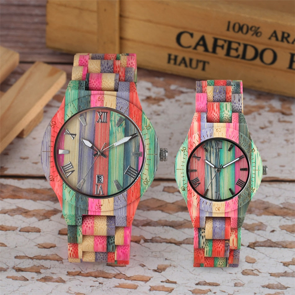 Natural Multi-Colored Bracelet Lovers New Concept Wood Wristwatch