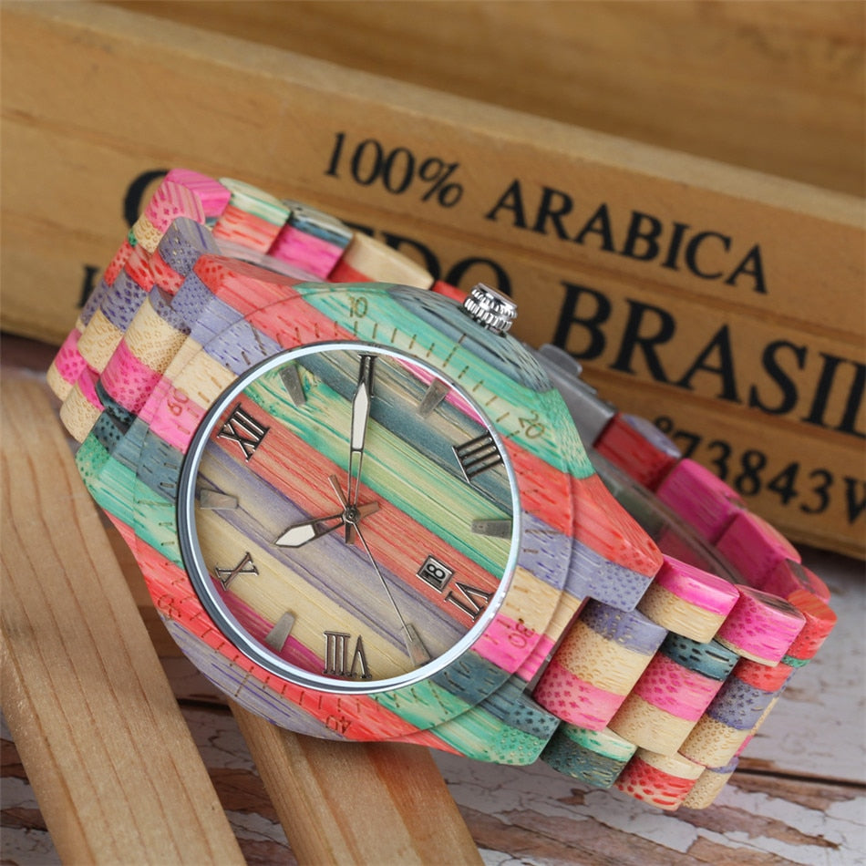 Natural Multi-Colored Bracelet Lovers New Concept Wood Wristwatch