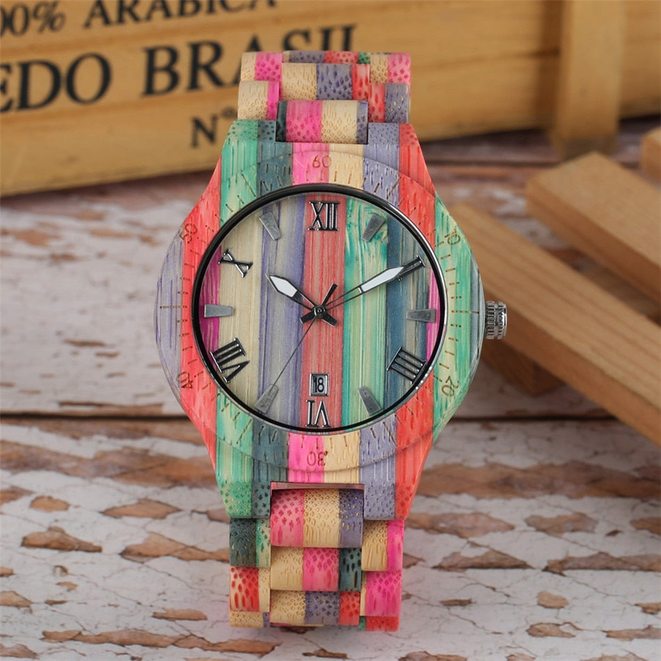 Natural Multi-Colored Bracelet Lovers New Concept Wood Wristwatch