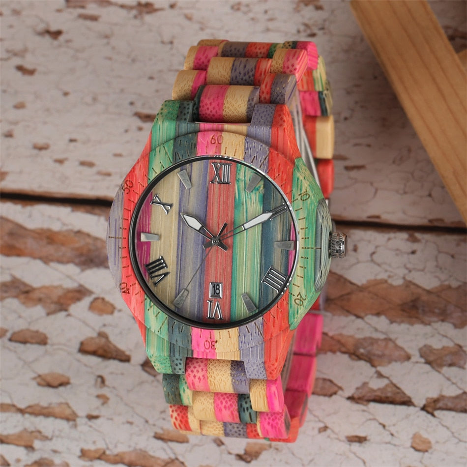 Natural Multi-Colored Bracelet Lovers New Concept Wood Wristwatch